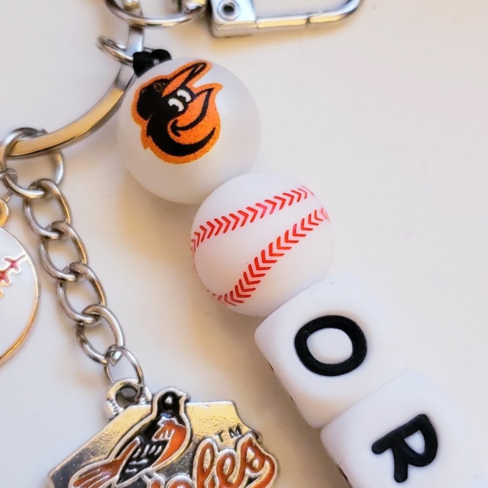 Handmade Glow in Dark Baltimore Orioles Beaded Silicone Focal Bead Keychain - Picture 6 of 10